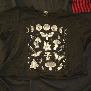 Black Cropped Shirt with Moon and Nature Print